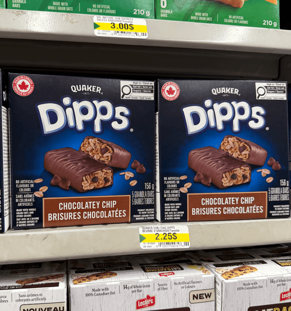 Barres tendres Dipps de Quaker, vendues au Dollarama.