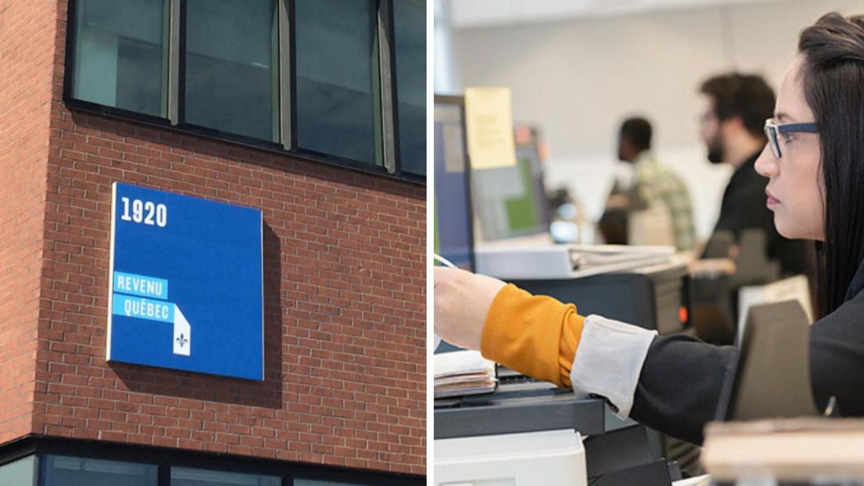 Bâtiment des bureaux de Revenu Québec. Droite : Employée de Revenu Québec.