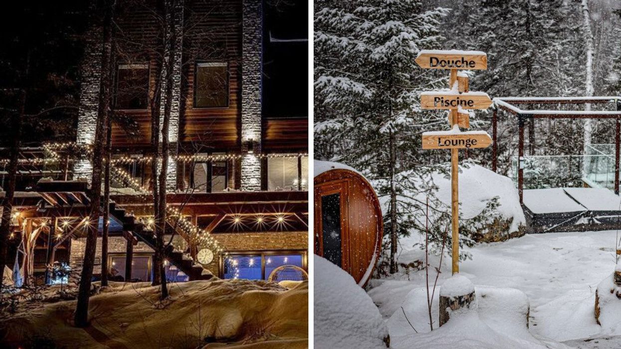 Bâtiment du M Resort & Spa dans Lanaudière. Droite : Sauna et spa au M Resort & Spa dans Lanaudière.