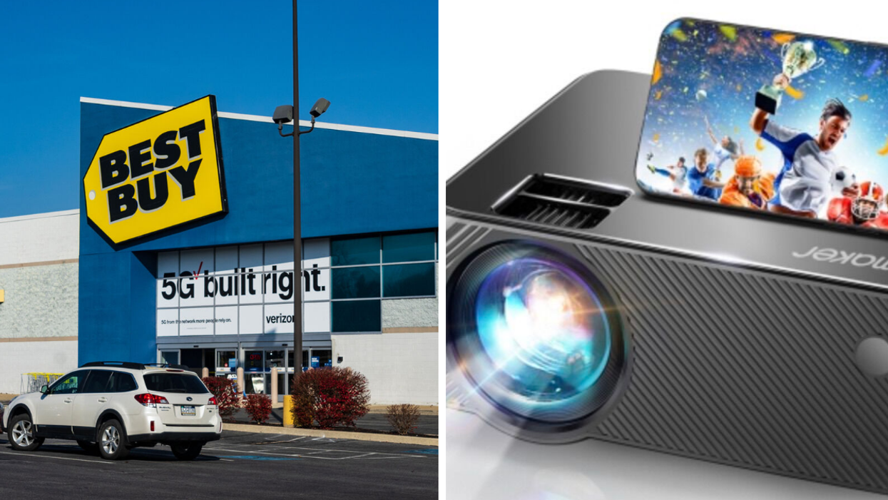 Best Buy façade. Droite : Projecteur Bomaker.