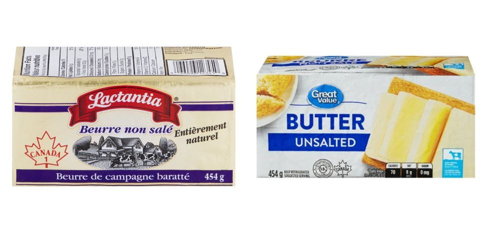 Beurre non sal\u00e9 Lactantia. Droite : Beurre non sal\u00e9 Great Value.