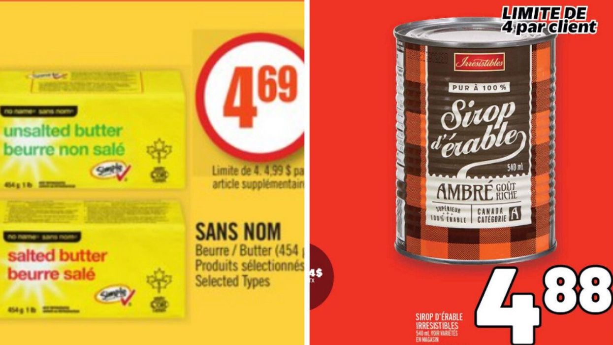 Beurre Sans nom à rabais. Droite : Sirop d'érable à rabais.
