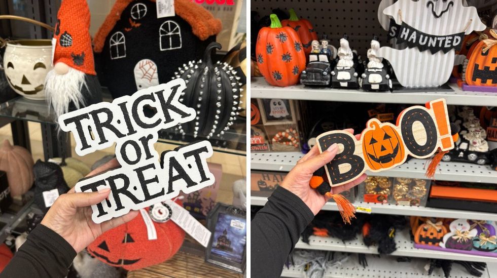 Bibelots en bois \u00ab Trick or Treat \u00bb. Droite : Bibelots en bois \u00ab Boo! \u00bb.