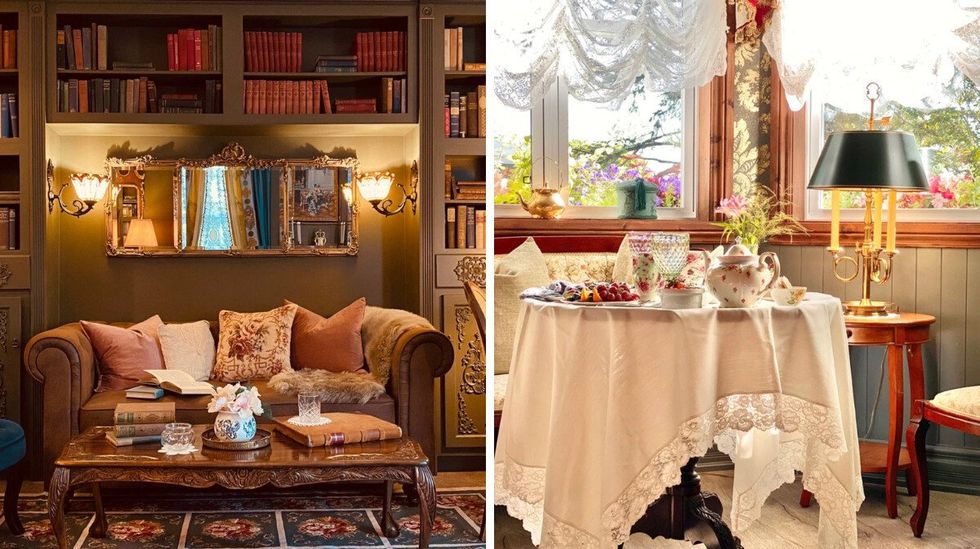 Biblioth\u00e8que comprenant un canap\u00e9 et plusieurs livres. Droite : Table pour le th\u00e9.