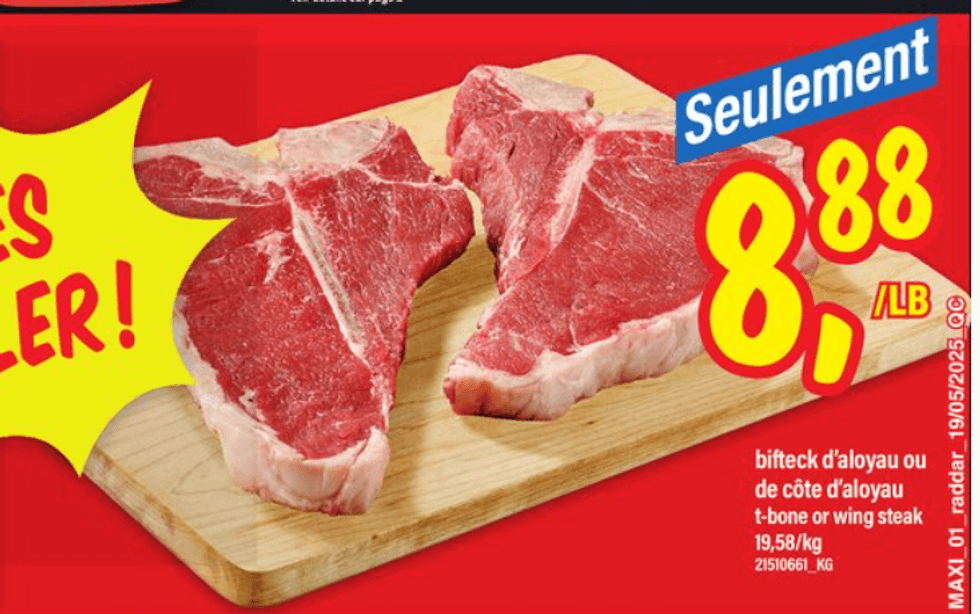 Bifteck d'aloyau de b\u0153uf dans la circulaire du Maxi.