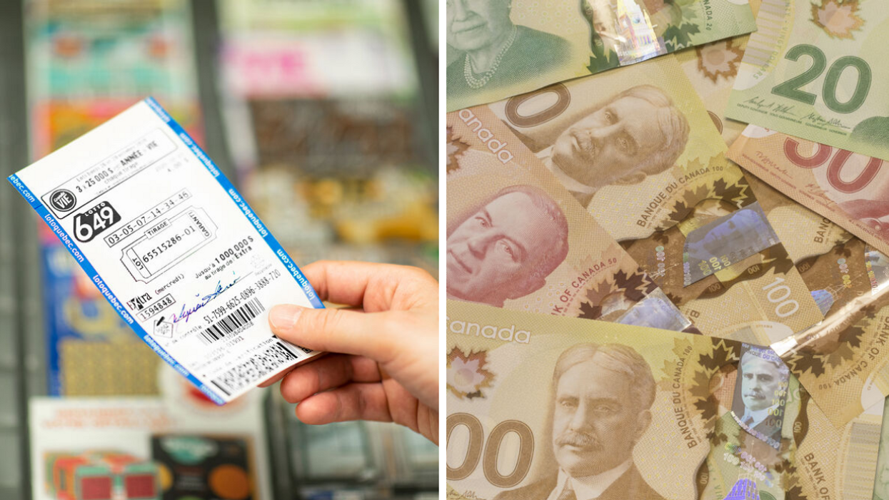 Billet de lotto 6/49. Droite : argent canadien.