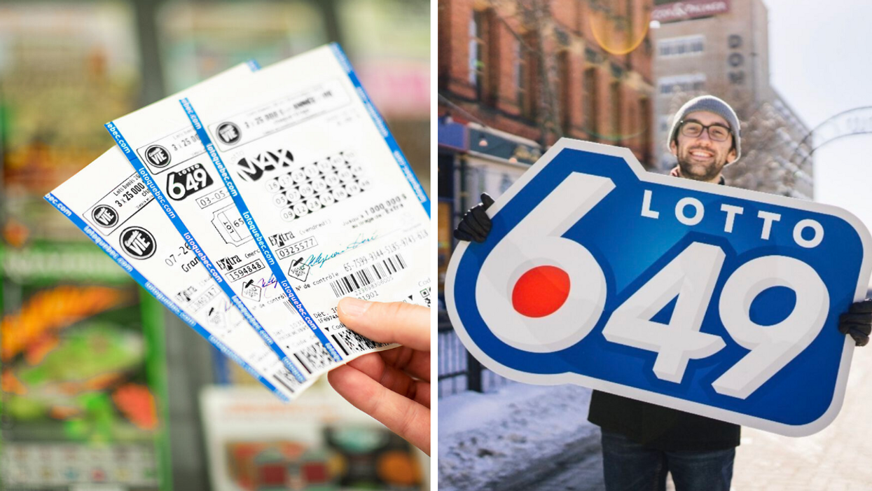Billets de loto. Droite : Homme qui tient un signe de 6/49.