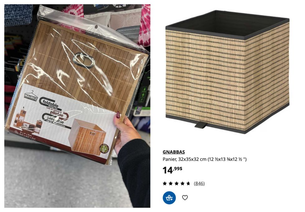 Bo\u00eere-tiroir pliable du Dollarama. Droite : Panier du IKEA.