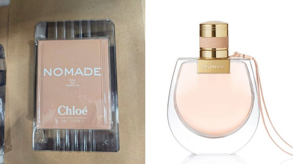 Bo\u00eete d'une bouteille de parfum Chlo\u00e9 vendue dans le rayon beaut\u00e9 chez Costco. Droite : bouteille de parfum Nomade de Chlo\u00e9 sur fond blanc.
