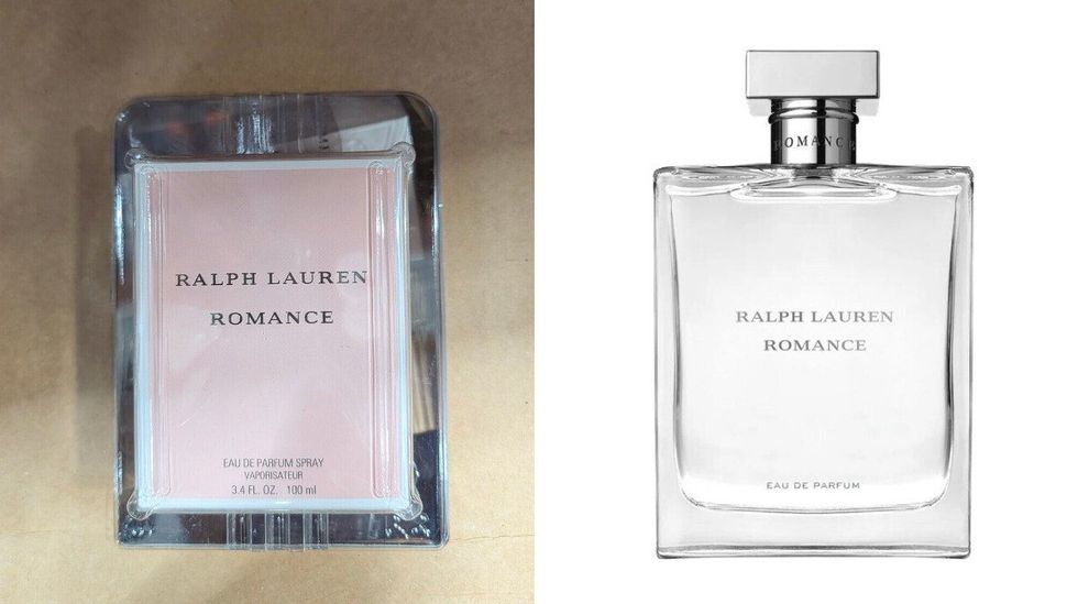 Bo\u00eete d'une bouteille de parfum Ralph Lauren vendue dans le rayon beaut\u00e9 chez Costco. Droite : bouteille de parfum Romance de Ralph Lauren sur fond blanc.