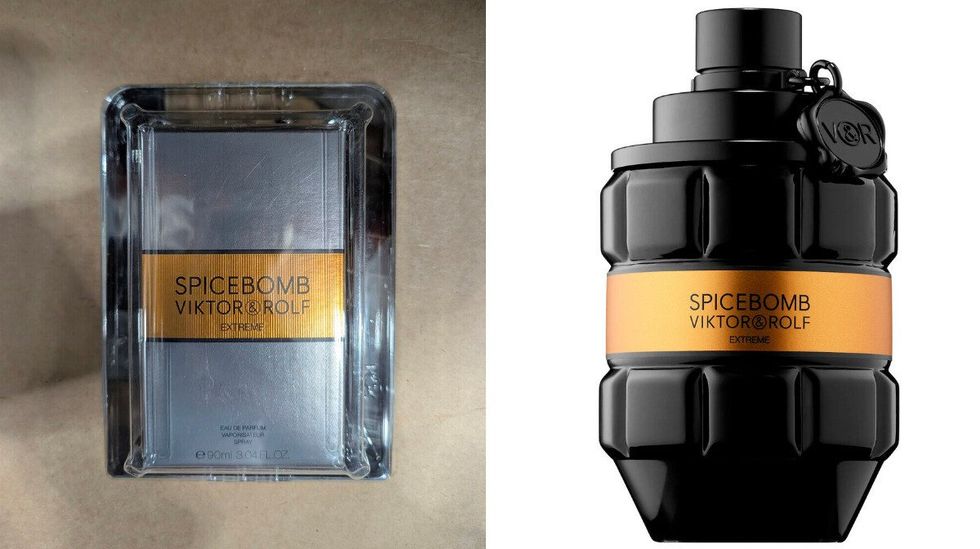Bo\u00eete d'une bouteille de parfum Viktor&Rolf vendue dans le rayon beaut\u00e9 chez Costco. Droite : bouteille de parfum Spicebomb Extreme de Viktor&Rolf sur fond blanc.