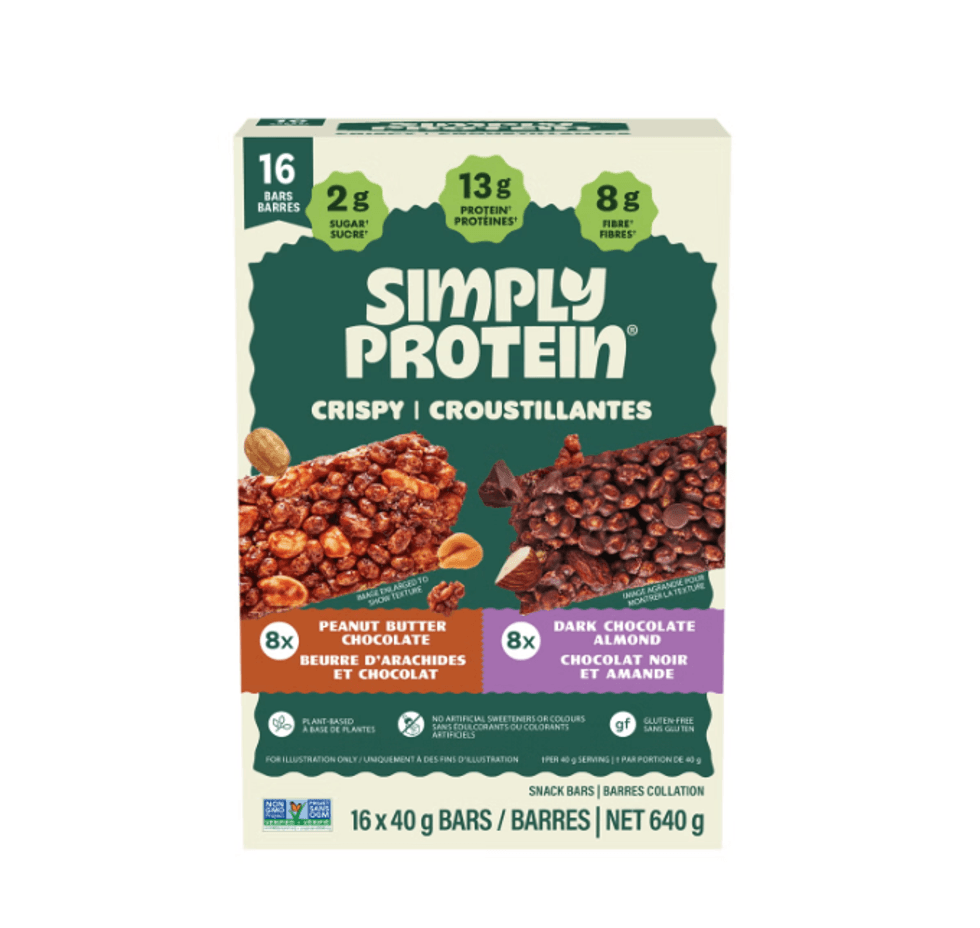 Bo\u00eete de 16 barres prot\u00e9in\u00e9es Simply Protein au Costco avec deux saveurs.