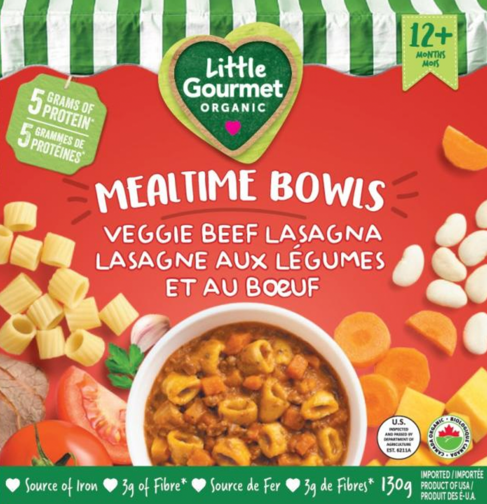 Bo\u00eete de carton contenant la lasagne aux l\u00e9gumes et au b\u0153uf de \u200bLittle Gourmet Organic.