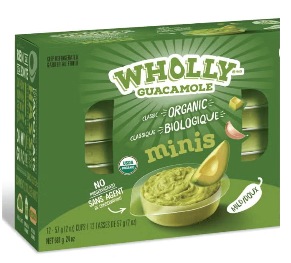 Bo\u00eete de douze portions individuelles de guacamole biologique Wholly Guacamole vendue au Costco.
