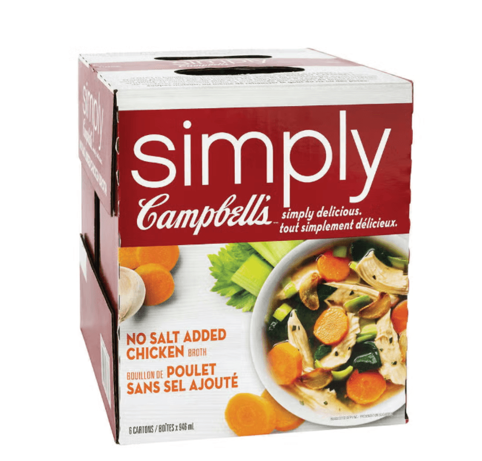 Bo\u00eete de six contenants de bouillon de poulet sans sel ajout\u00e9 Simply de Campbell\u2019s vendue au Costco.