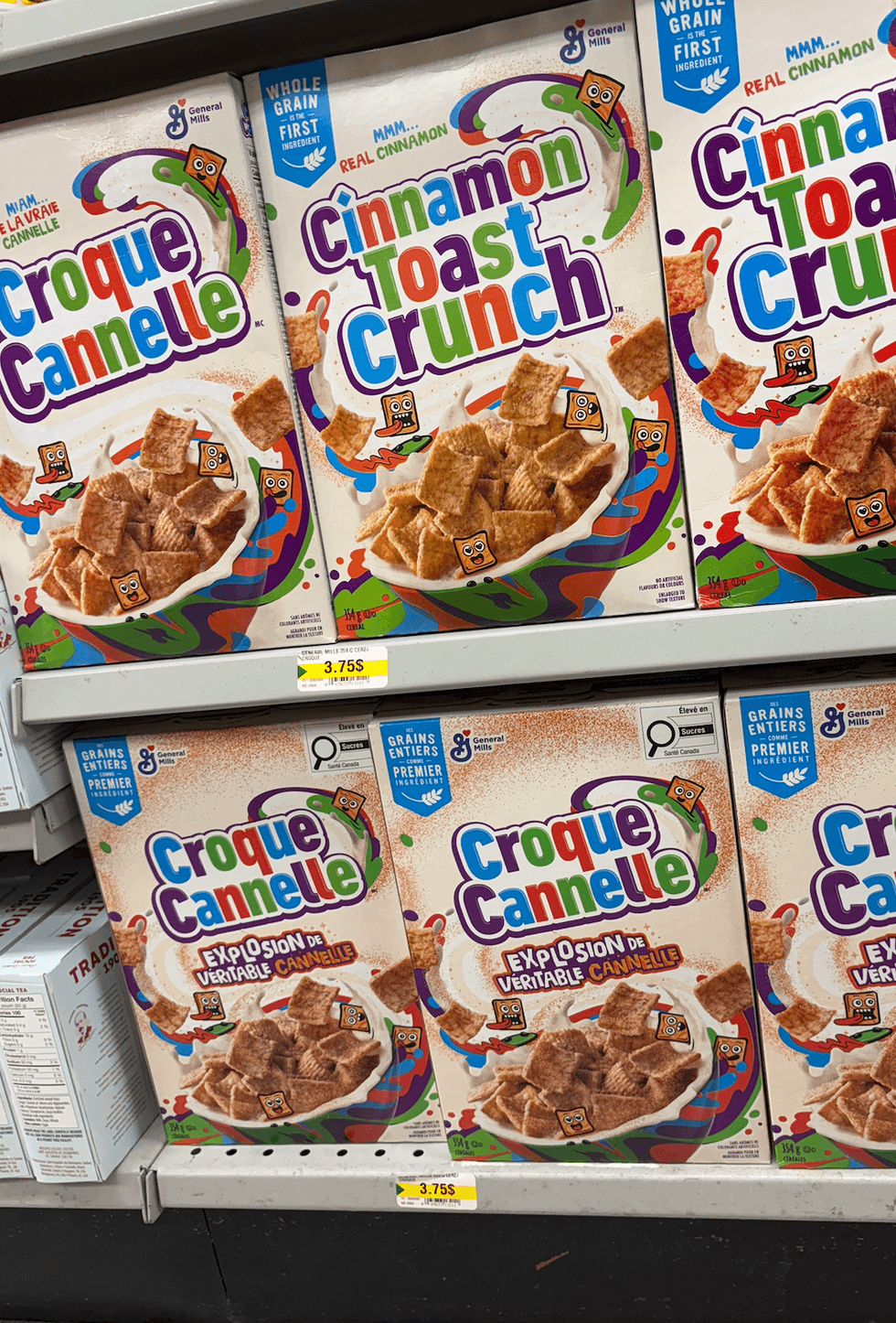Bo\u00eetes de c\u00e9r\u00e9ales Croque Cannelle sur les tablettes du Dollarama.