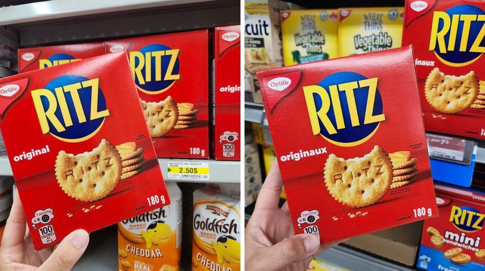 Bo\u00eetes de Ritz vendues au Dollarama. Droite : Bo\u00eetes de Ritz vendues au Walmart.