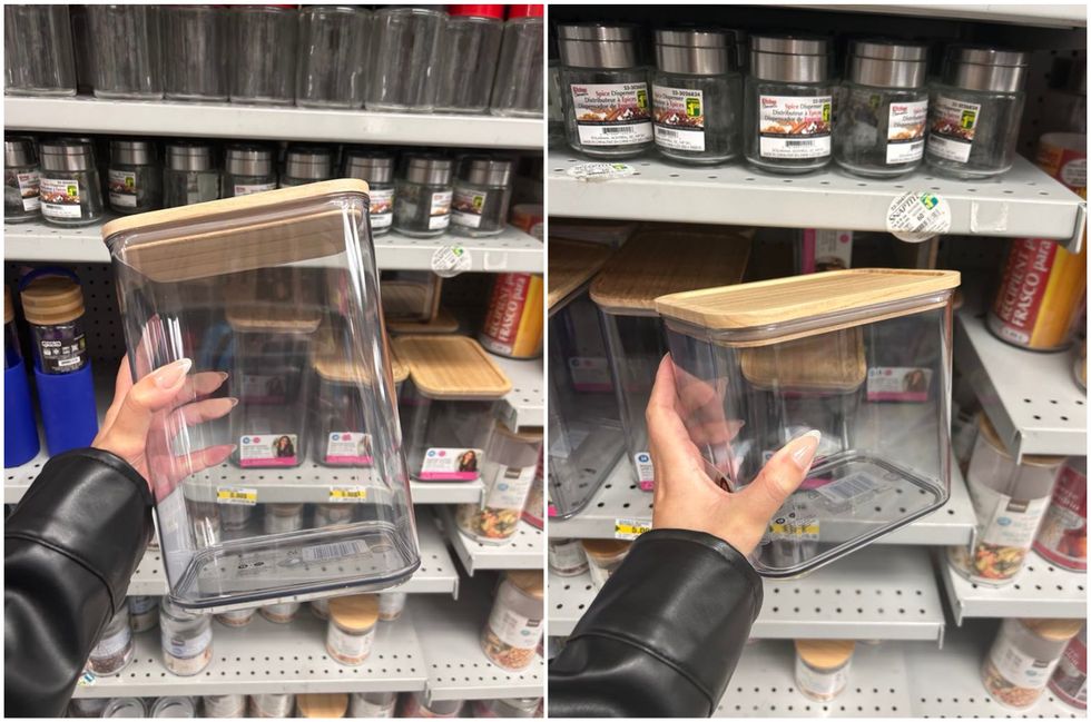 Bocal rectangulaire avec couvercle en bambou de grade taille. Droite : Bocal rectangulaire avec couvercle en bambou de taille moyenne.