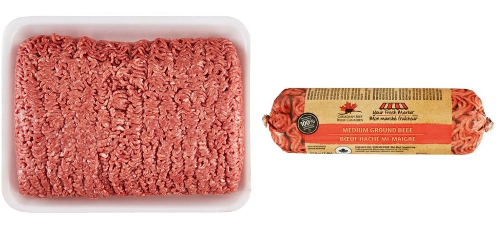 Boeuf hach\u00e9 mi-maigre du Maxi. Droite : Boeuf hach\u00e9 mi-maigre de la marque Mon march\u00e9 fra\u00eecheur au Walmart.