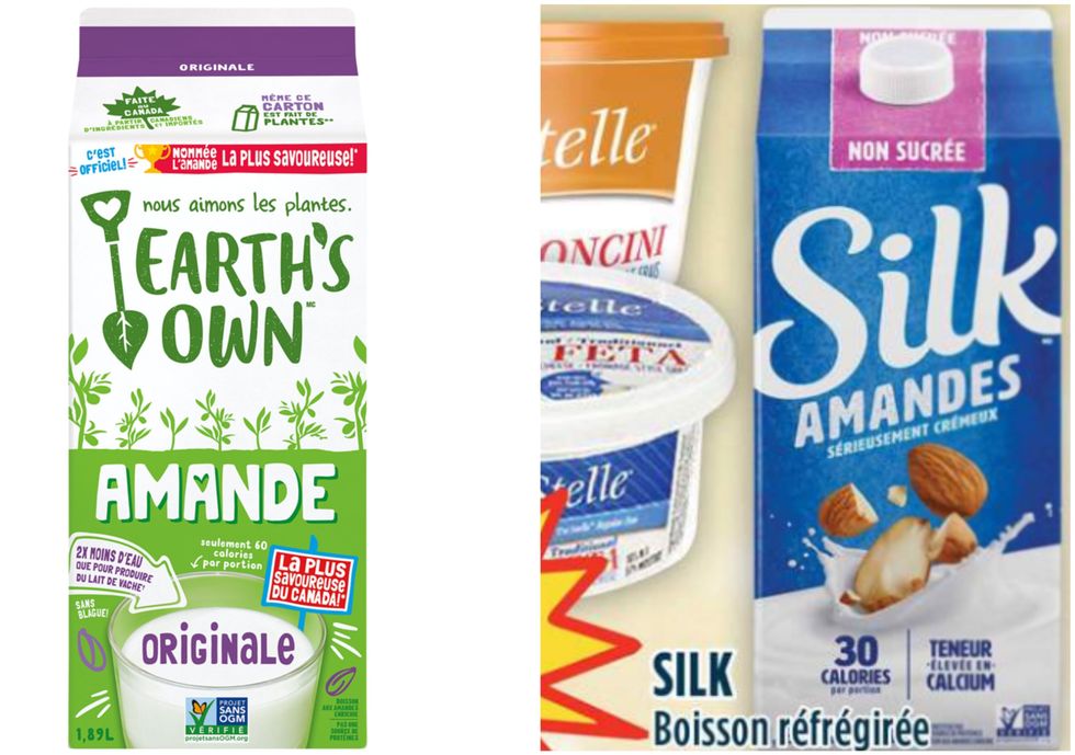 Boisson aux amandes originale Earth's Own, sur fond blanc. Droite : Boisson aux amandes Silk de la circulaire du Adonis.