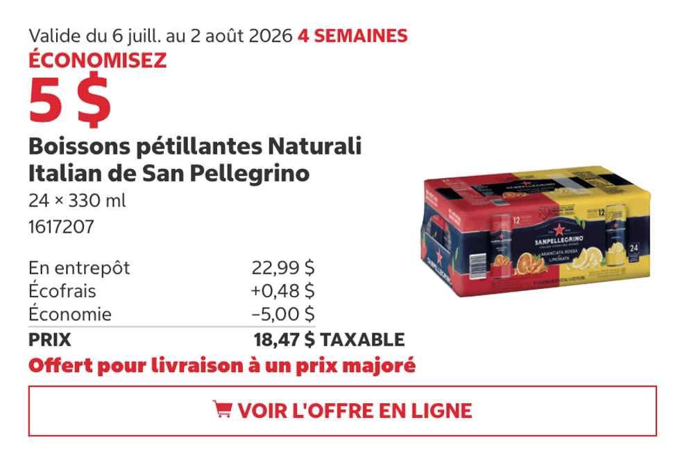 Boissons p\u00e9tillantes San Pellegrino en rabais au Costco.