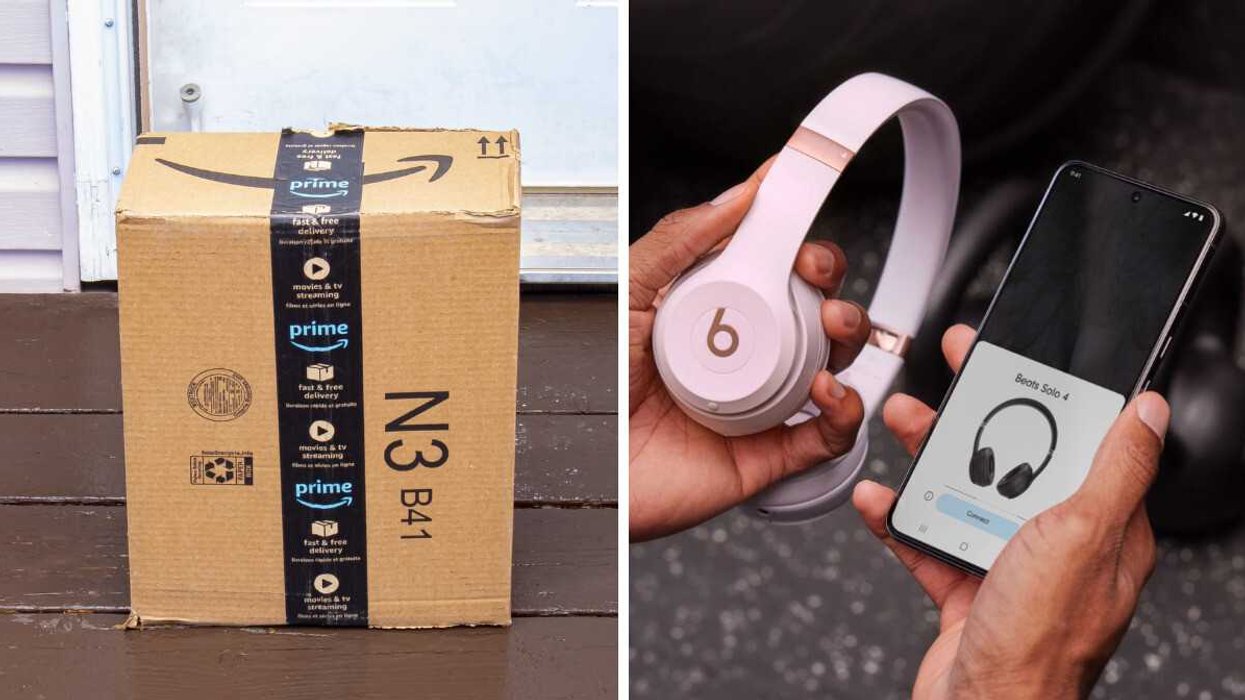 Boîte d'Amazon Canada. Droite : Écouteurs Beats Solo 4, en solde sur Amazon Canada.