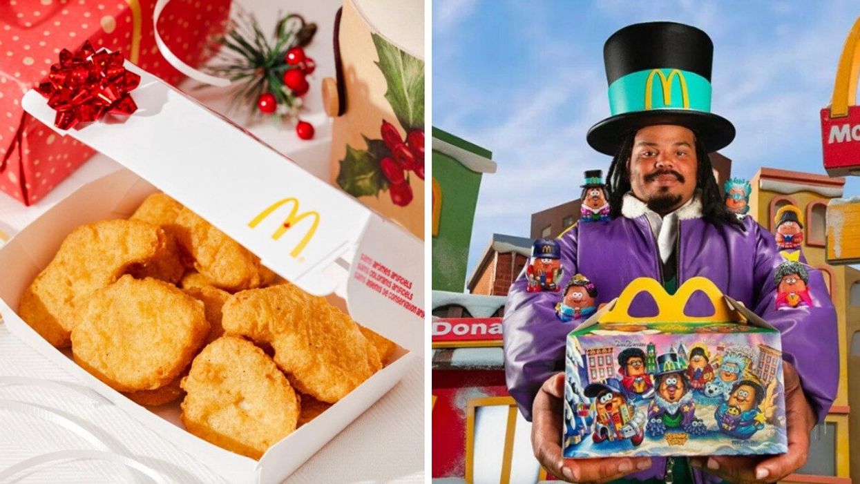 Boîte de McCroquettes du McDonald's, Droite : Boîte Joyeux festin pour adultes dans les mains de Kerwin Frost.