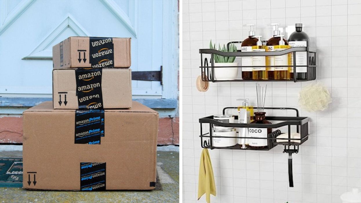 Boîtes Amazon. Droite : Étagère de douche adhésive.