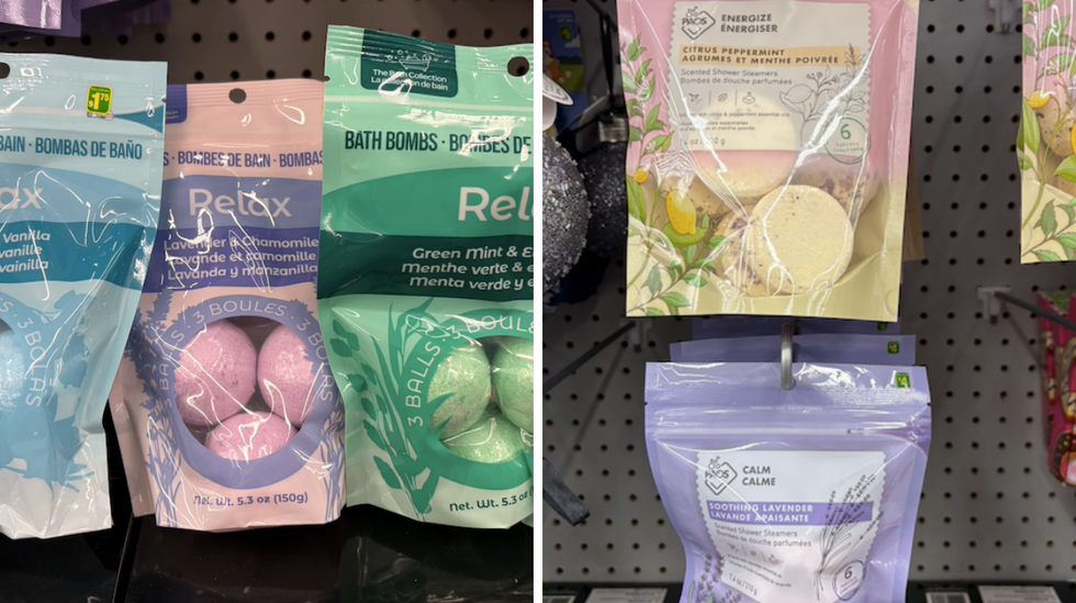 Bombes de bain. Droite : Bombes de douche parfum\u00e9es.