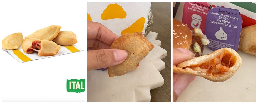 Bouch\u00e9es de McPizza\u202f sur le site du McDonald's. Centre : Une main tenant une bouch\u00e9es de McPizza\u202f. Droite : L'int\u00e9rieur d'une bouch\u00e9es de McPizza\u202f.