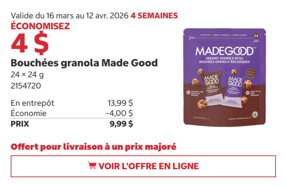 Bouch\u00e9es granola Made Good en rabais au Costco.