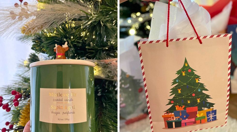 Bougie verte des F\u00eates devant un sapin de No\u00ebl. Droite : Bougie envelopp\u00e9e dans un sac aux motifs festifs devant un sapin de No\u00ebl.