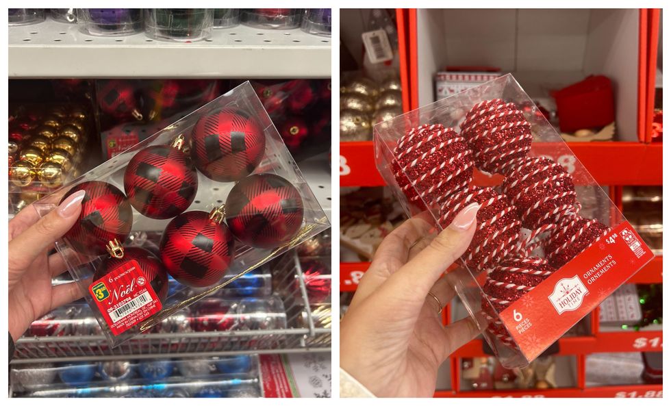 Boule de No\u00ebl rouges et noires au Dollarama. Droite : Boule de No\u00ebl rouges et blanche au Walmart.