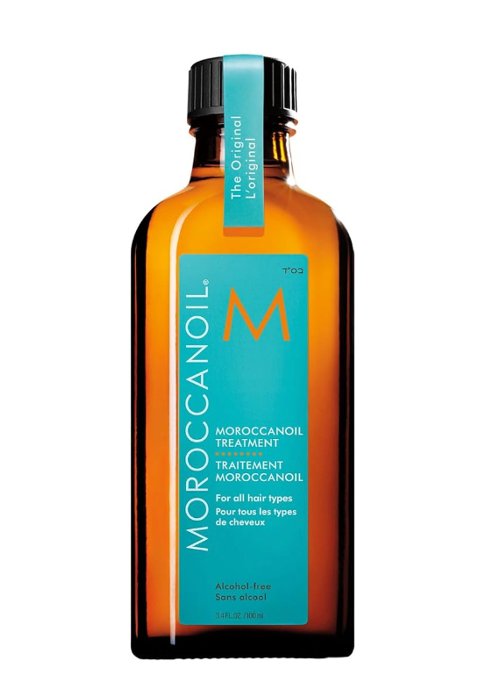 Bouteille d'huile de traitement pour les cheveux \u200bMoroccanoil avec son \u00e9tiquette turquoise.