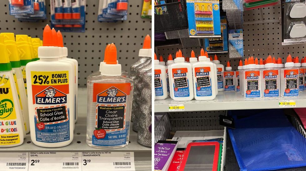 Bouteilles de colle au Bureau en Gros. Droite : Bouteilles de colle au Dollarama.