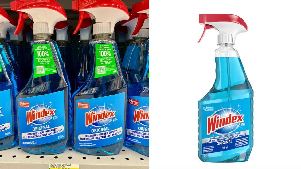 Bouteilles de Windex au Dollarama. Droite : Bouteille de Windex sur le site de Canadian Tire.