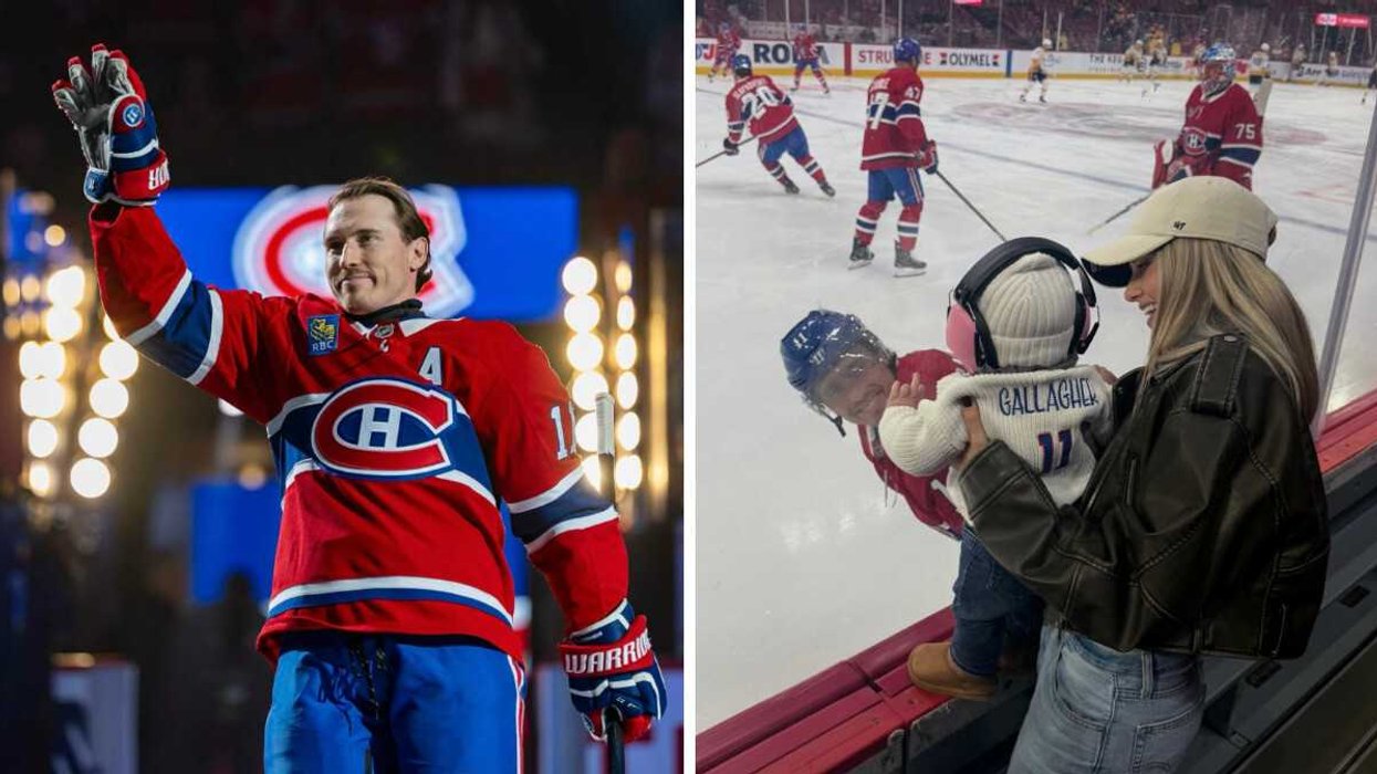 Brendan Gallagher dans l'uniforme du Canadien de Montréal. Droite : Brendan Gallagher, son bébé et sa femme, Emma.