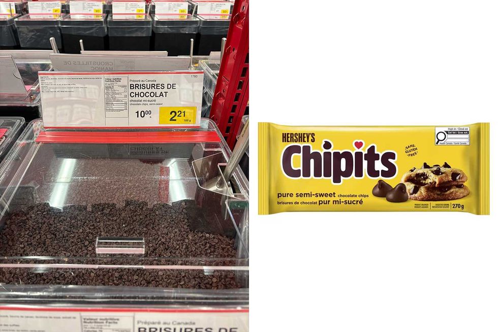 Brisures de chocolat mi-sucr\u00e9 vendues en vrac chez Bulk Barn. Droite : Brisures de chocolat mi-sucr\u00e9 vendues chez Maxi.