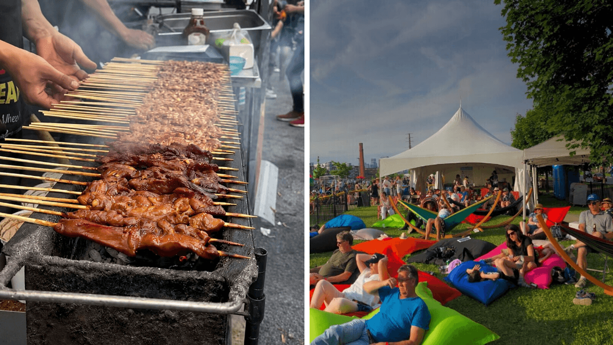 Brochettes sur le grill. Droite : un festival.