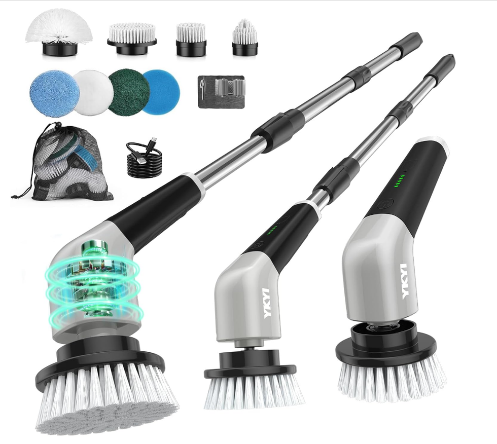 Brosse de nettoyage \u00e9lectrique sans fil avec 8 t\u00eates, manche long et 2 vitesses.