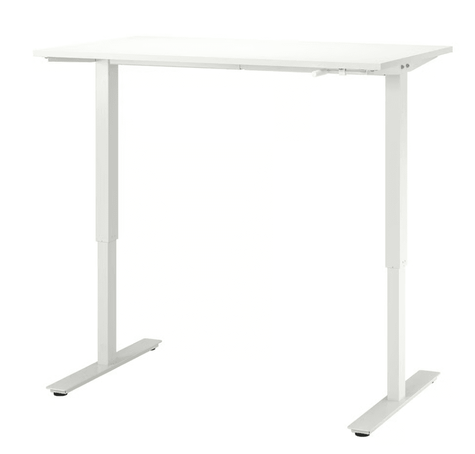 Bureau assis-debout TROTTEN blanc avec hauteur ajustable manuellement sur le site du IKEA.