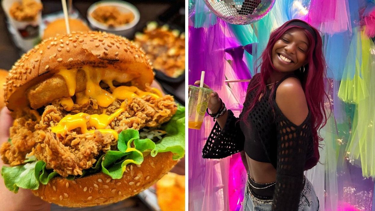 Burger du B12 Burger à Montréal. Droite : Arche du Centre Eaton à Montréal.