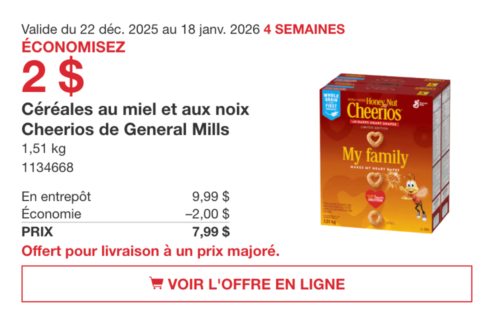 C\u00e9r\u00e9ales au miel et aux noix Cheerios de General Mills 1,51 kg sur le site de Costco