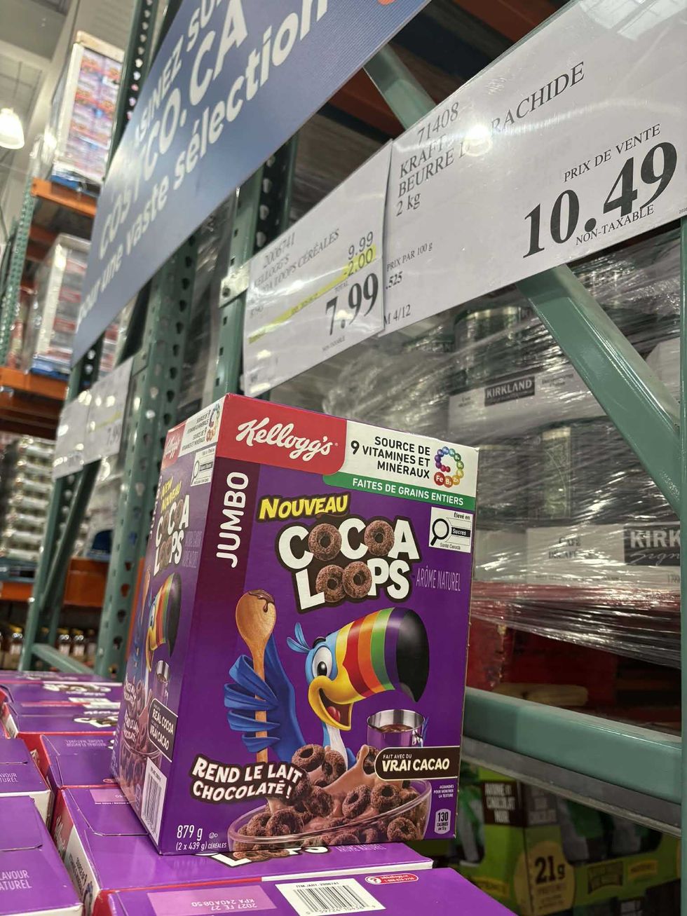 C\u00e9r\u00e9ales Cocoa Loops Kellogg\u2019s en format jumbo de 2 x 439 g faites de grains entiers avec vrai cacao, au Costco.