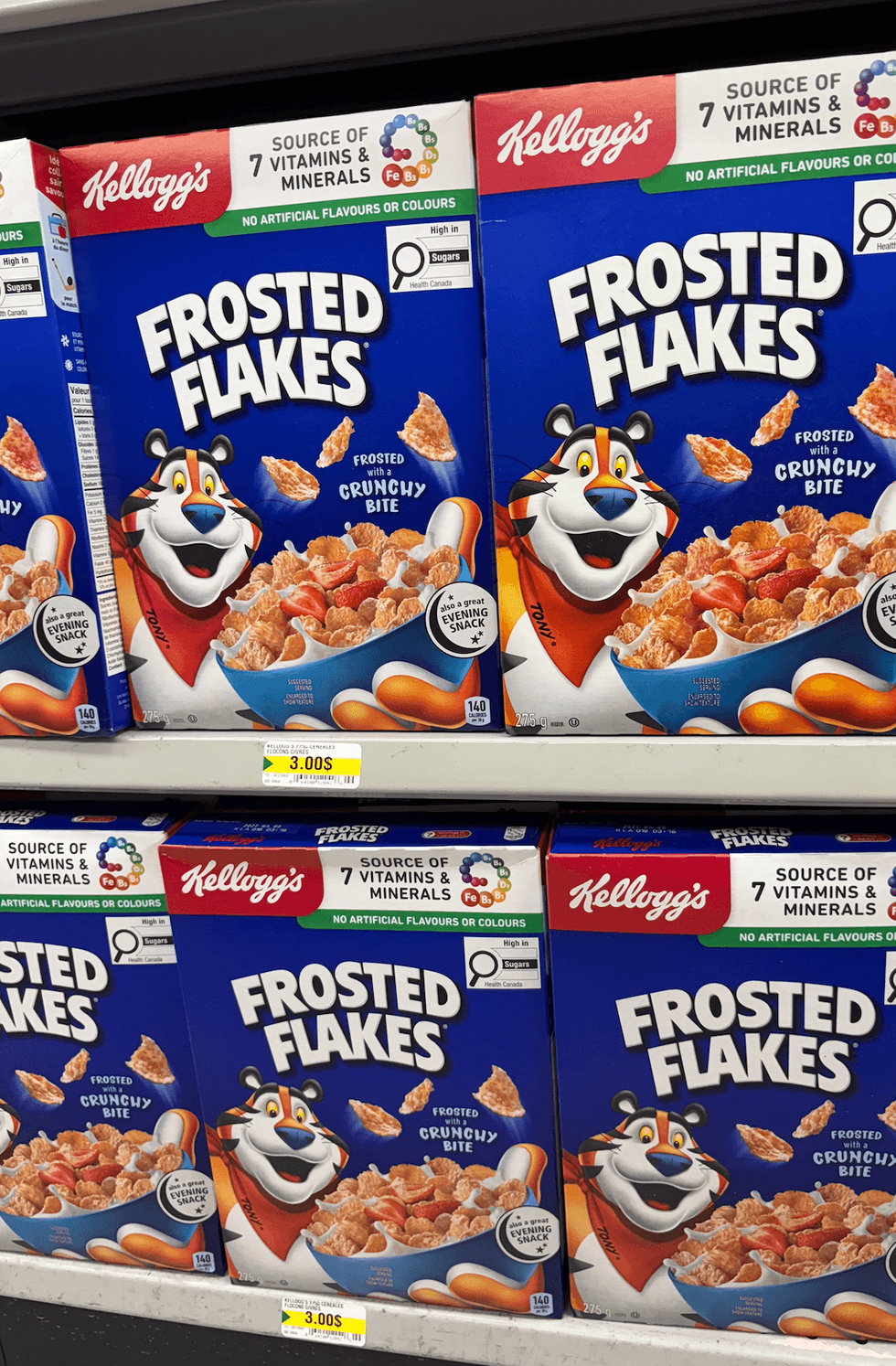 C\u00e9r\u00e9ales Frosted Flakes sur les tablettes du Dollarama.