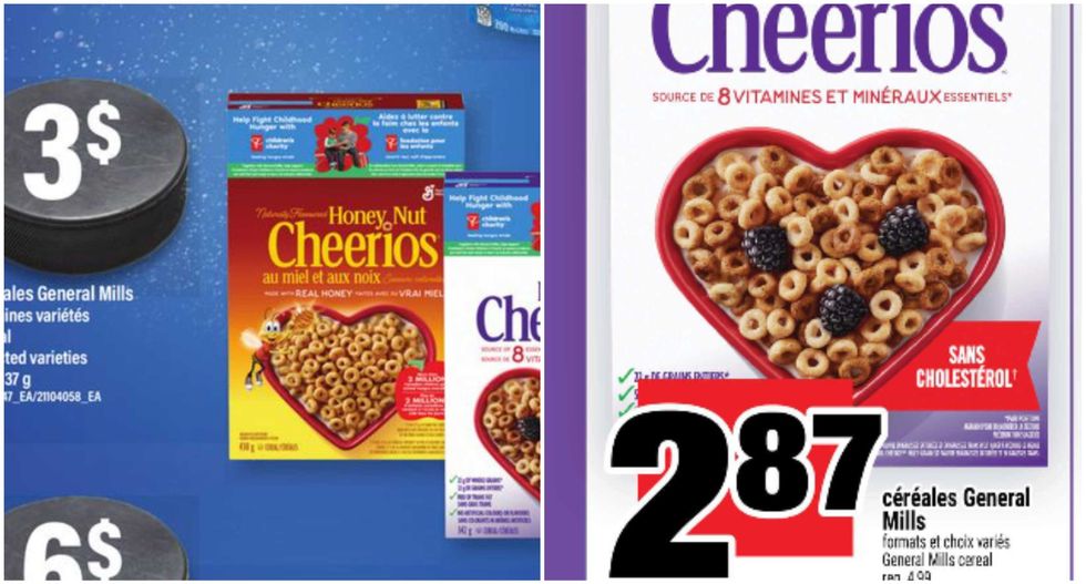 C\u00e9r\u00e9ales General Mills en rabais au Maxi. Droite : C\u00e9r\u00e9ales General Mills en rabais au Super C.
