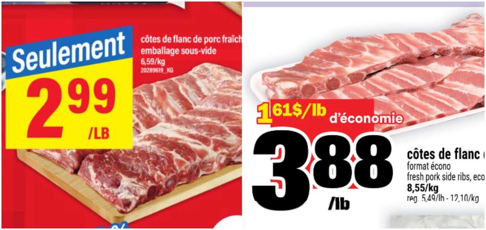 C\u00f4tes de flanc de porc en rabais au Maxi. Droite : C\u00f4tes de flanc de porc en rabais au Super C.