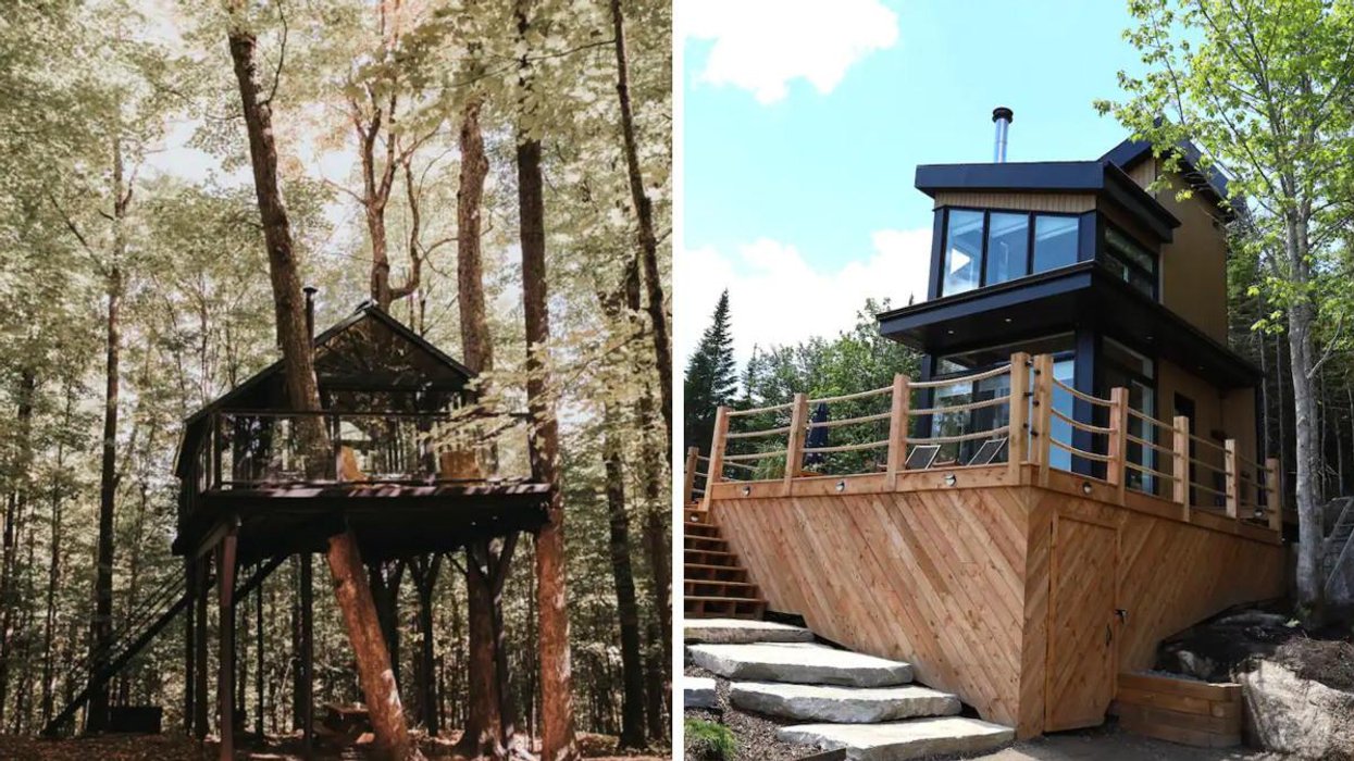 Cabane dans les arbres au Québec. Droite : chalet Airbnb au Québec.