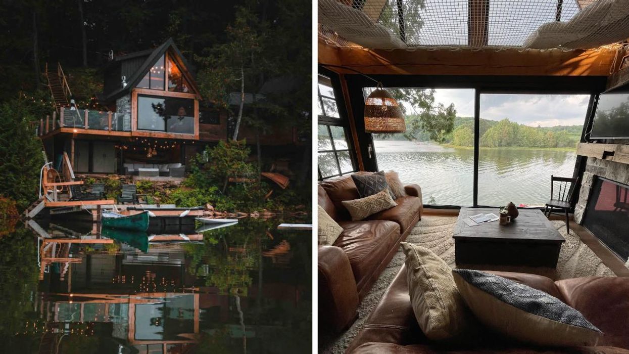 Cabane dans les arbres en Ontario. Droite : La vue du Airbnb en Ontario.