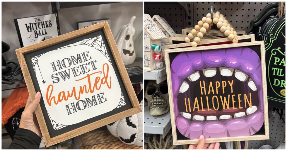 Cadre th\u00e9matique en bois \u00ab Home Sweet Haunted Home \u00bb. Droite : Cadre th\u00e9matiques en bois \u00ab Happy Halloween \u00bb.